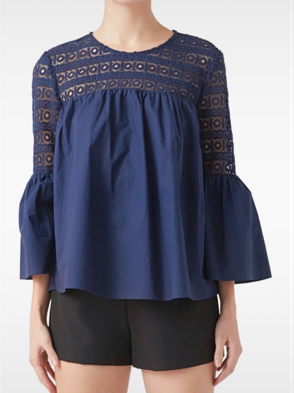 Endless Rose Navy Crochet Yoke Bell Sleeve Blouse